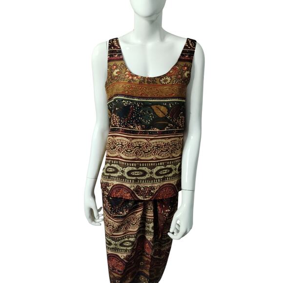 Vintage EXPRESS Champagne Inter 100% Silk Women's Hippie Bohemian Top & Skirt - Picture 3 of 11
